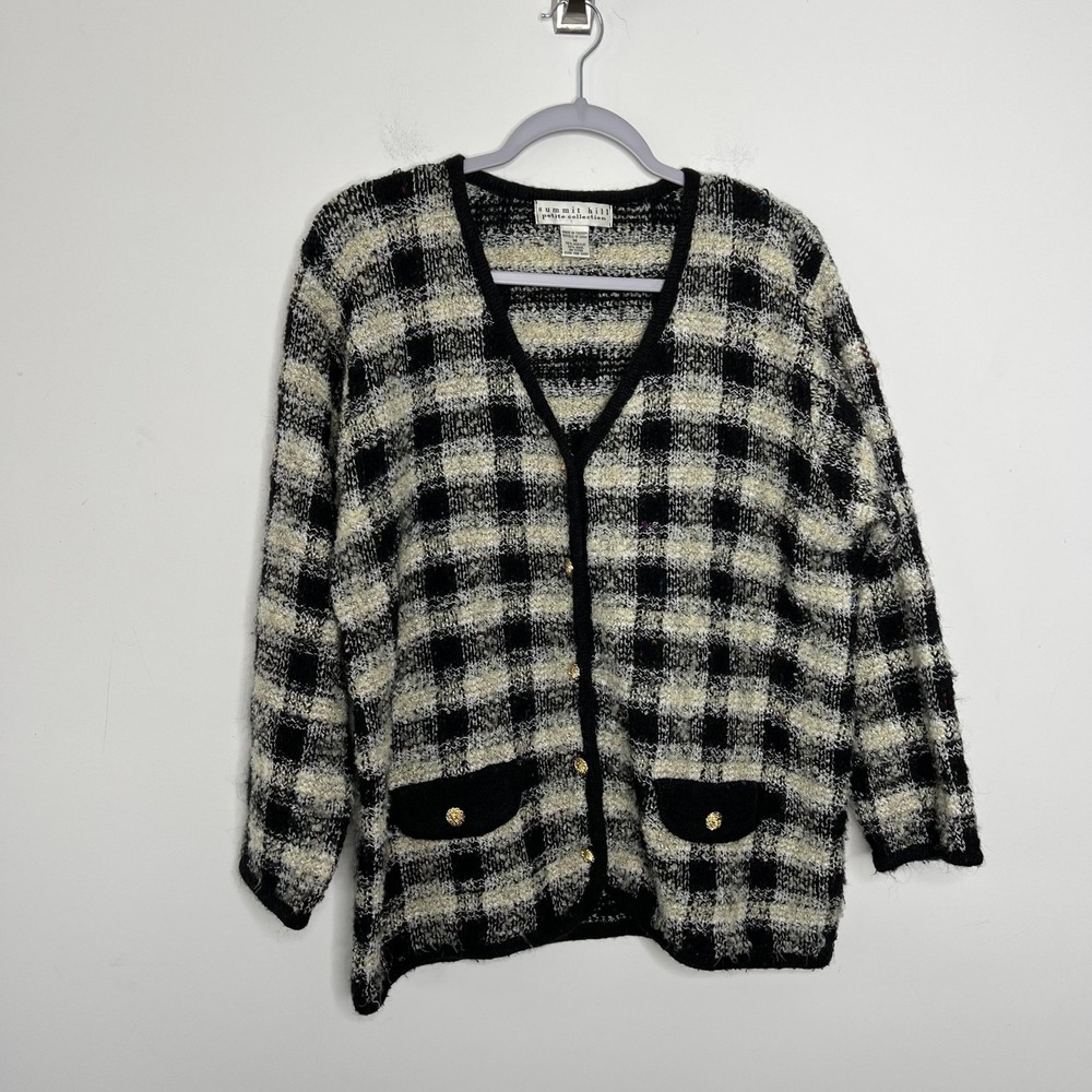 VINTAGE Summit Hill Sweater Womens Petite M Black Plaid Cardigan Buttons‎ 90s